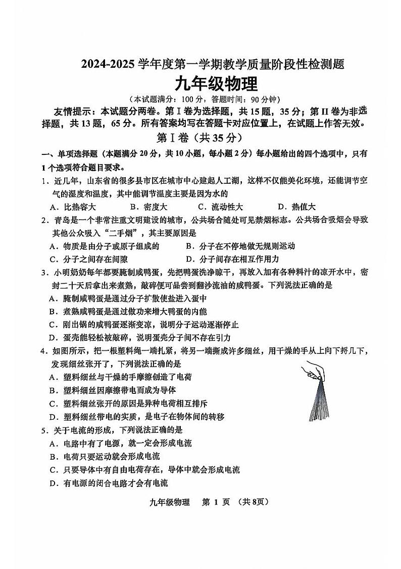 山东省青岛市胶州市2024-2025学年九年级上学期11月期中物理试题第1页