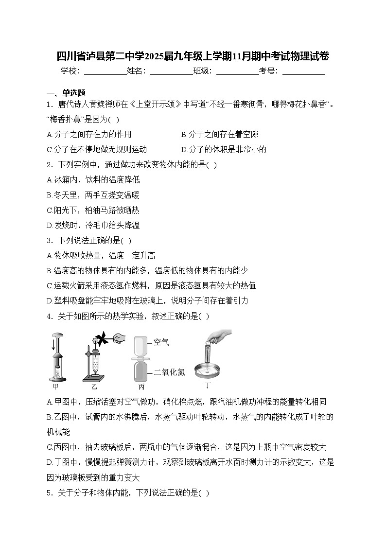 四川省泸县第二中学2025届九年级上学期11月期中考试物理试卷(含答案)第1页