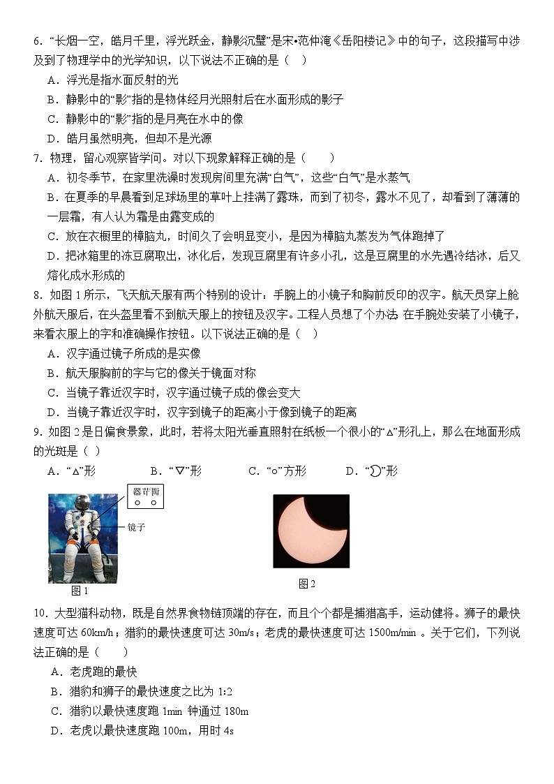 雅安中学2024—2025学年上期半期教学质量评估八年级物理试题第2页