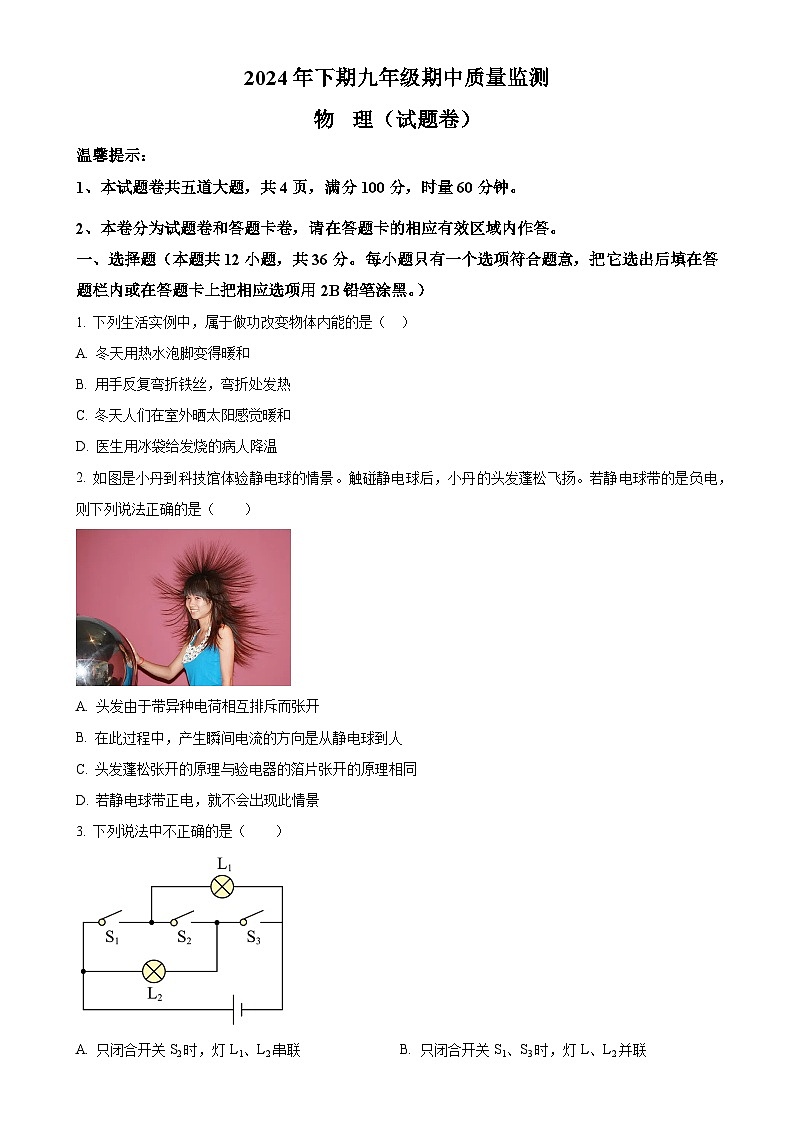湖南省怀化市通道县2024-2025学年九年级上学期期中考试物理试题（原卷版）-A4第1页