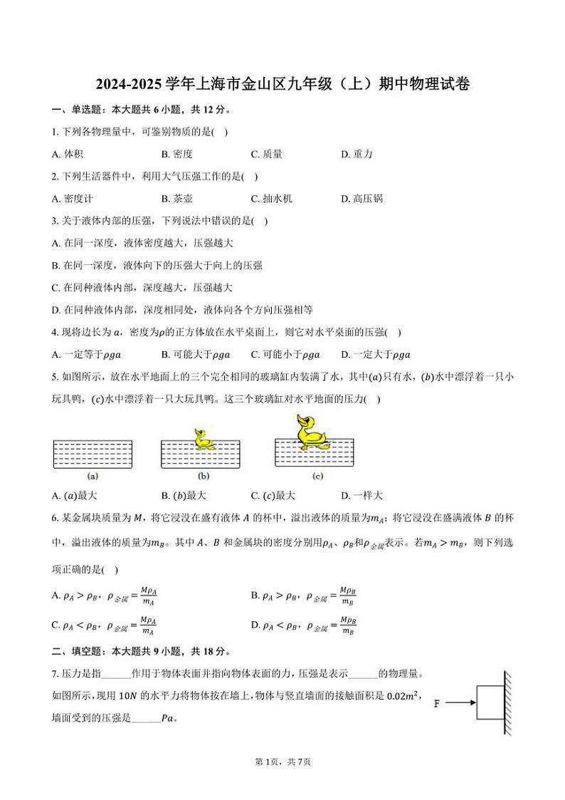 2024～2025学年上海市金山区九年级(上)期中物理试卷(含答案)第1页