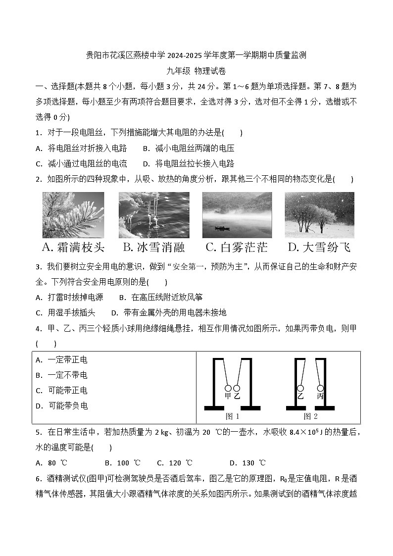 贵州省贵阳市花溪区燕楼中学2024-2025学年度九年级上学期期中质量监测物理试卷第1页
