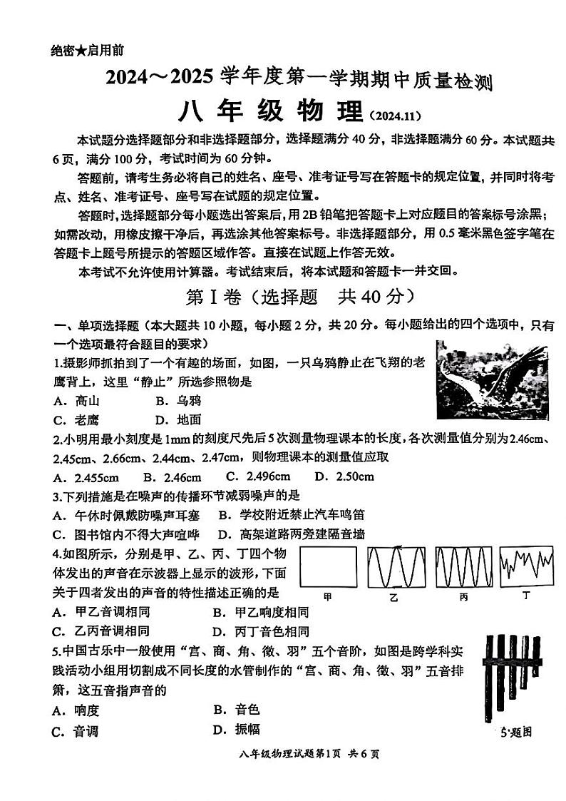 山东省济南市槐荫区2024-2025学年八年级上学期11月期中物理试题第1页