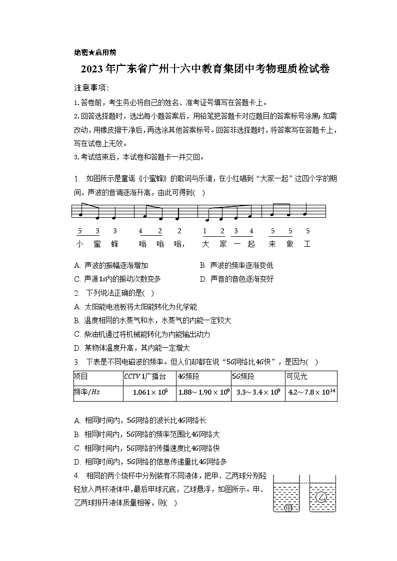 2023年广东省广州十六中教育集团中考物理质检试卷（含答案）第1页