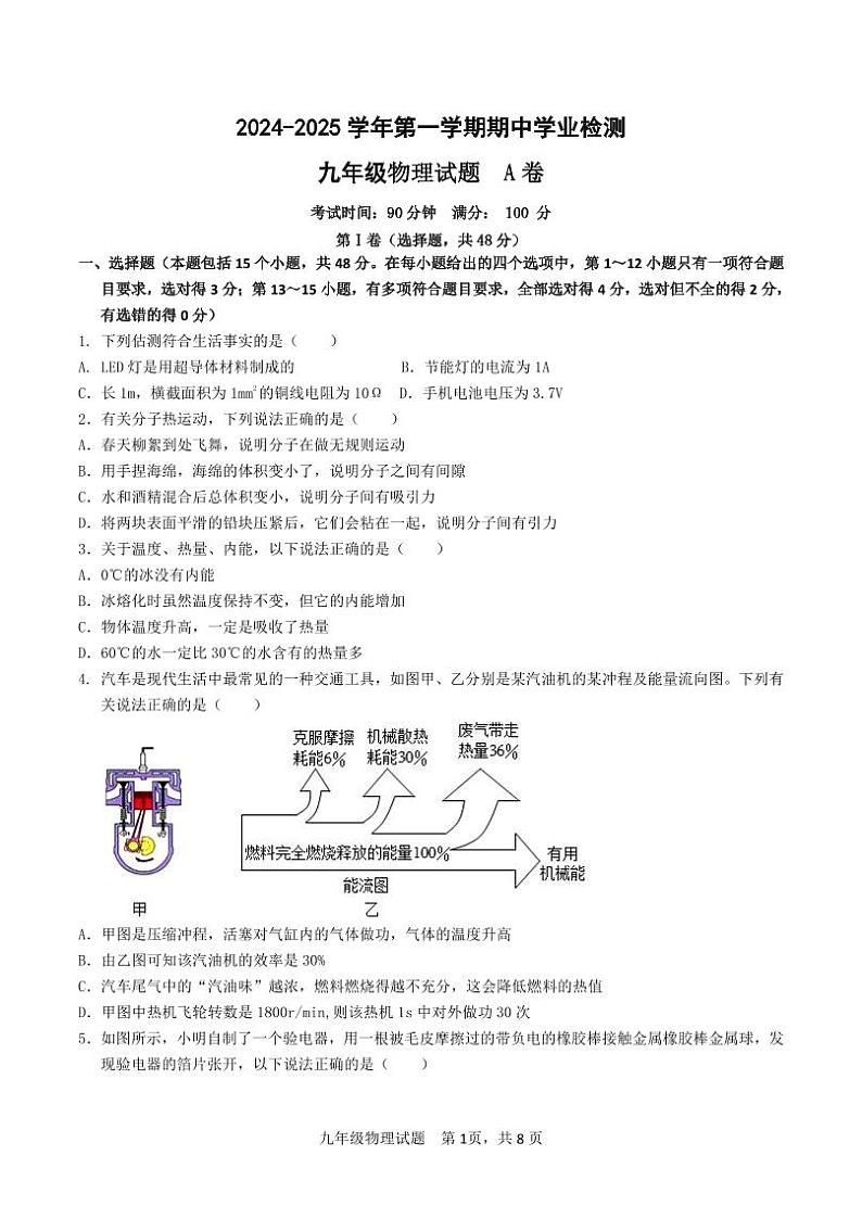 （教研室提供）山东省滨州市无棣县2024-2025学年九年级上学期期中考试物理试题（A）第1页