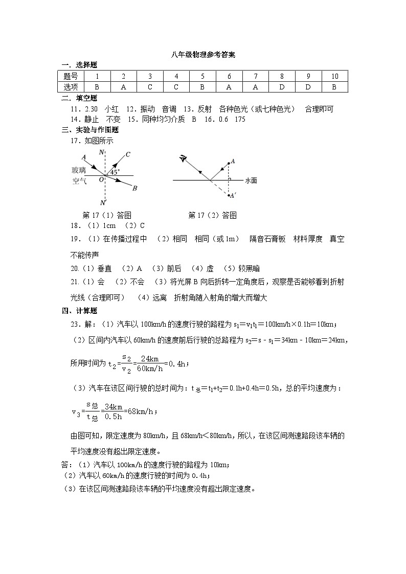 八年级 物理参考答案202411第1页