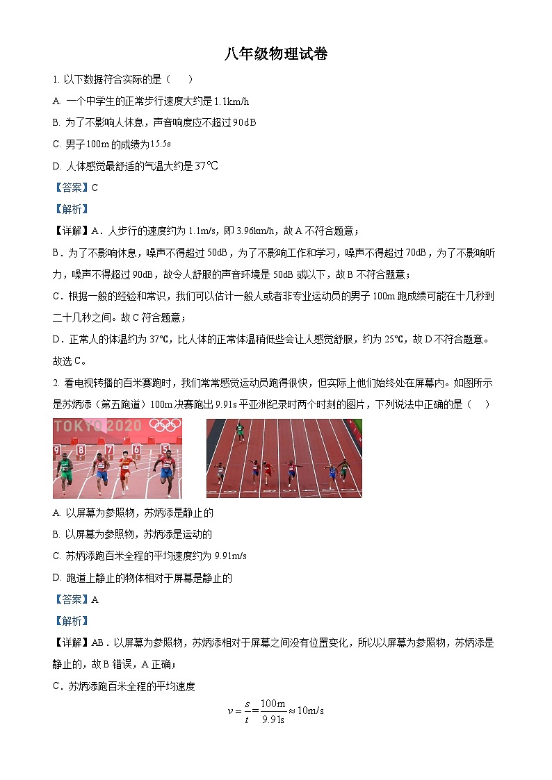 湖北省武汉市武昌区部分学校2024-2025学年八年级上学期期中物理试题（解析版）-A4第1页