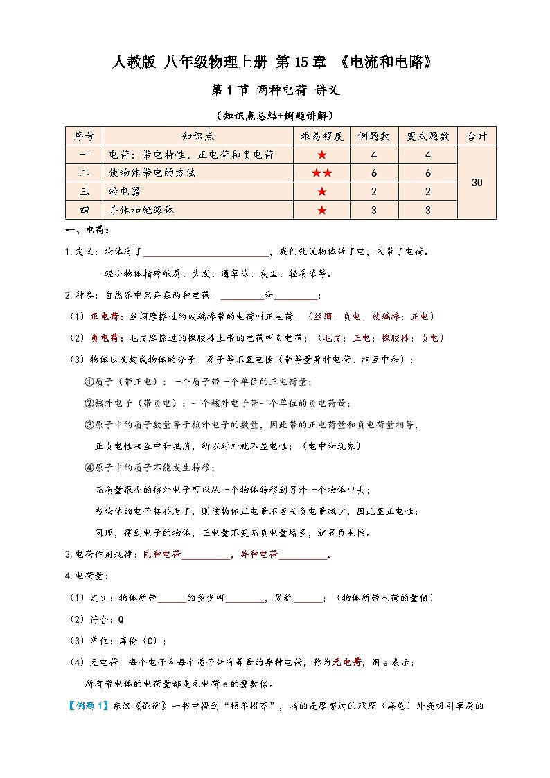 人教版九年级物理讲义+练习+测试15.1两种电荷(讲义)(学生版+解析)第1页