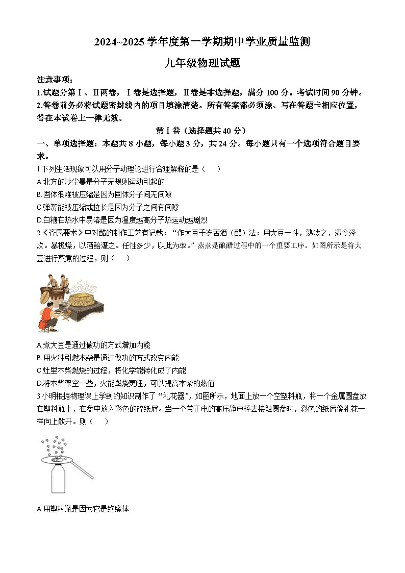 山东省潍坊安丘市2024-2025学年九年级上学期期中考试物理试题(无答案)第1页