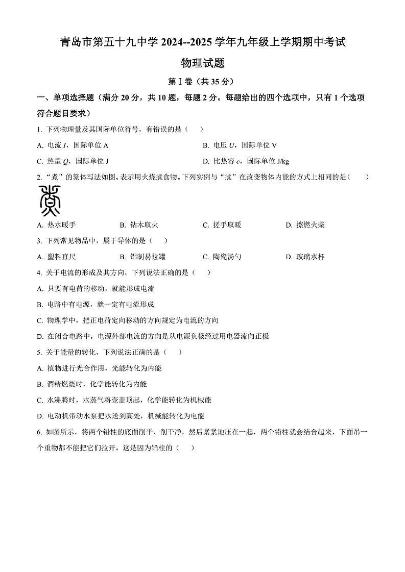 2024～2025学年山东省青岛市第五十九中学九年级(上)期中物理试卷(含答案)第1页