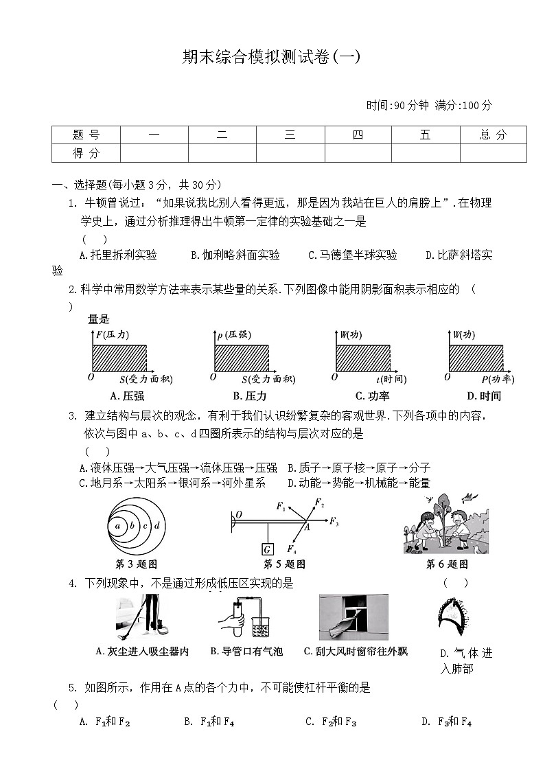 2024-2025学年沪科版物理八年级下册   期末综合测试练习卷(一)-A4第1页