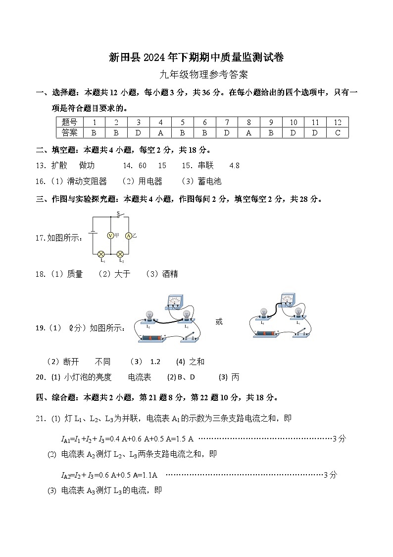 九年级物理参考答案第1页