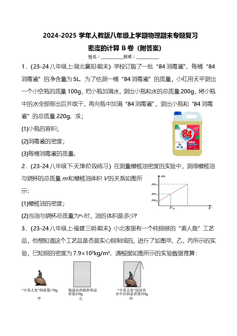 期末专题复习：密度的计算B卷---2024-2025学年人教版物理八年级上学期第1页