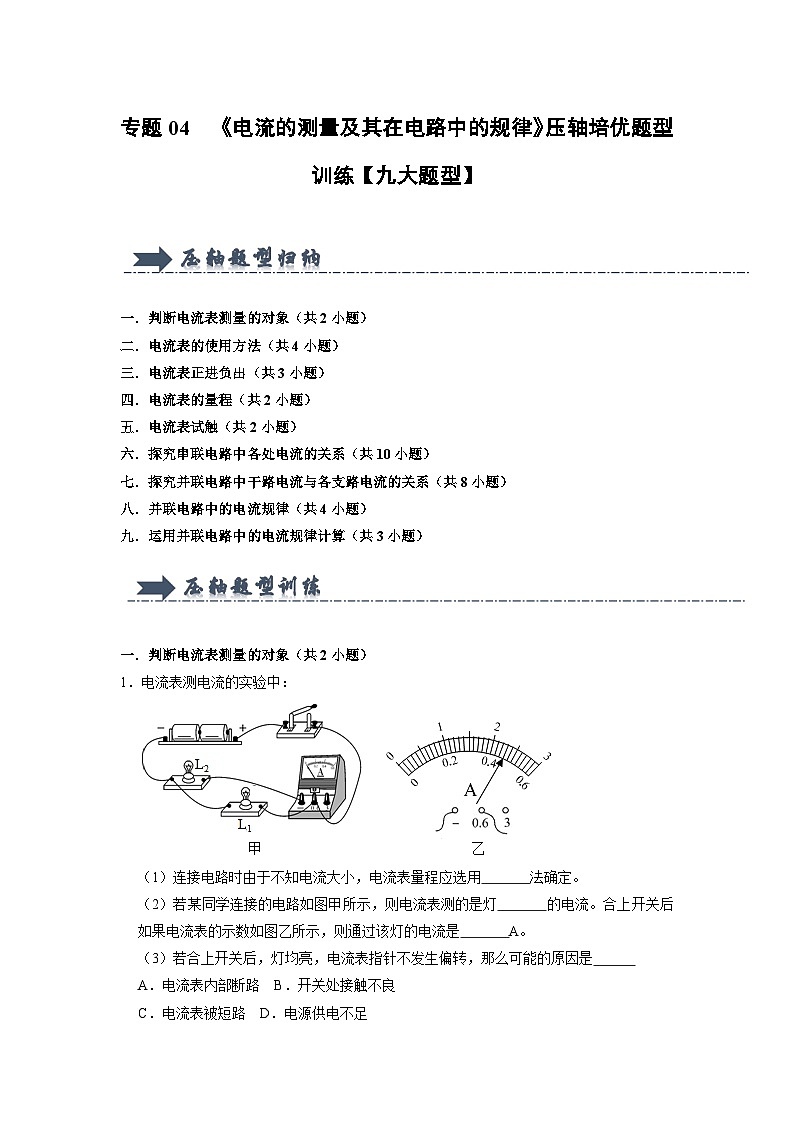 专题04  《电流的测量及其在电路中的规律》压轴培优题型训练（原卷版）第1页