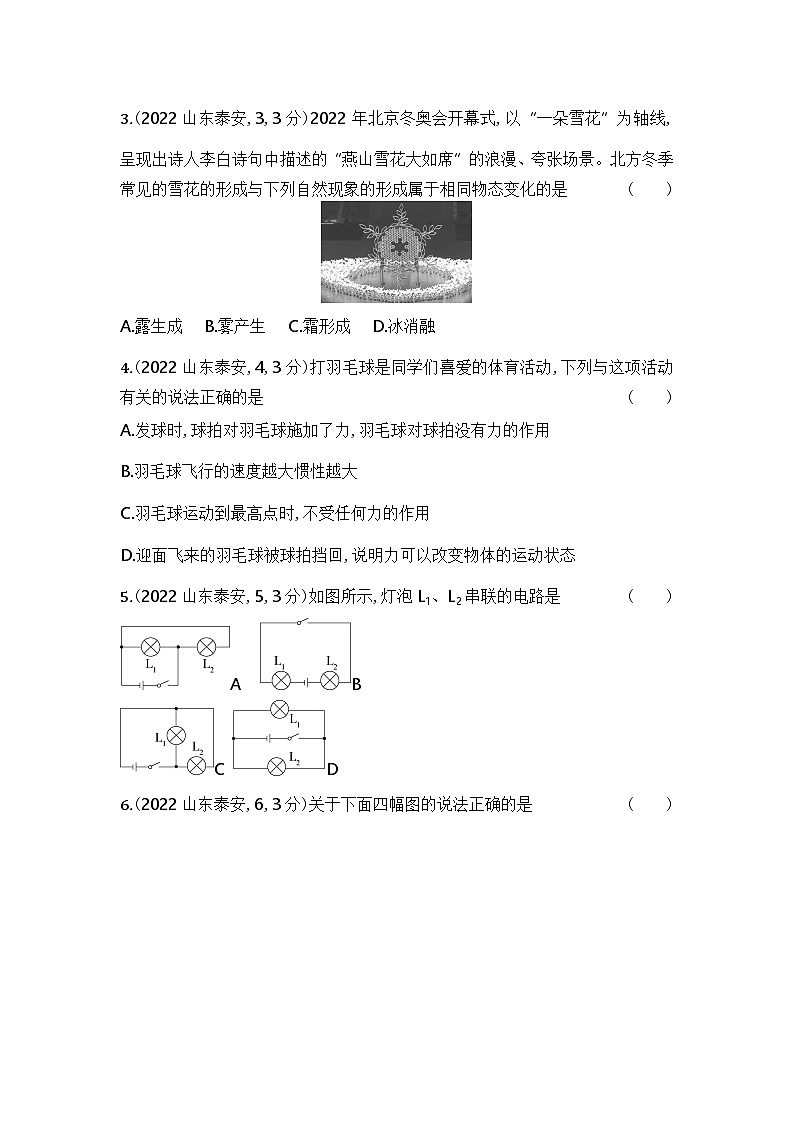 2022泰安中考物理试卷+答案+解析(word整理版)第2页