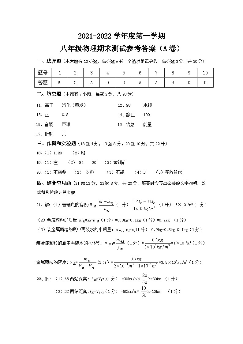 八年级物理参考答案A卷第1页