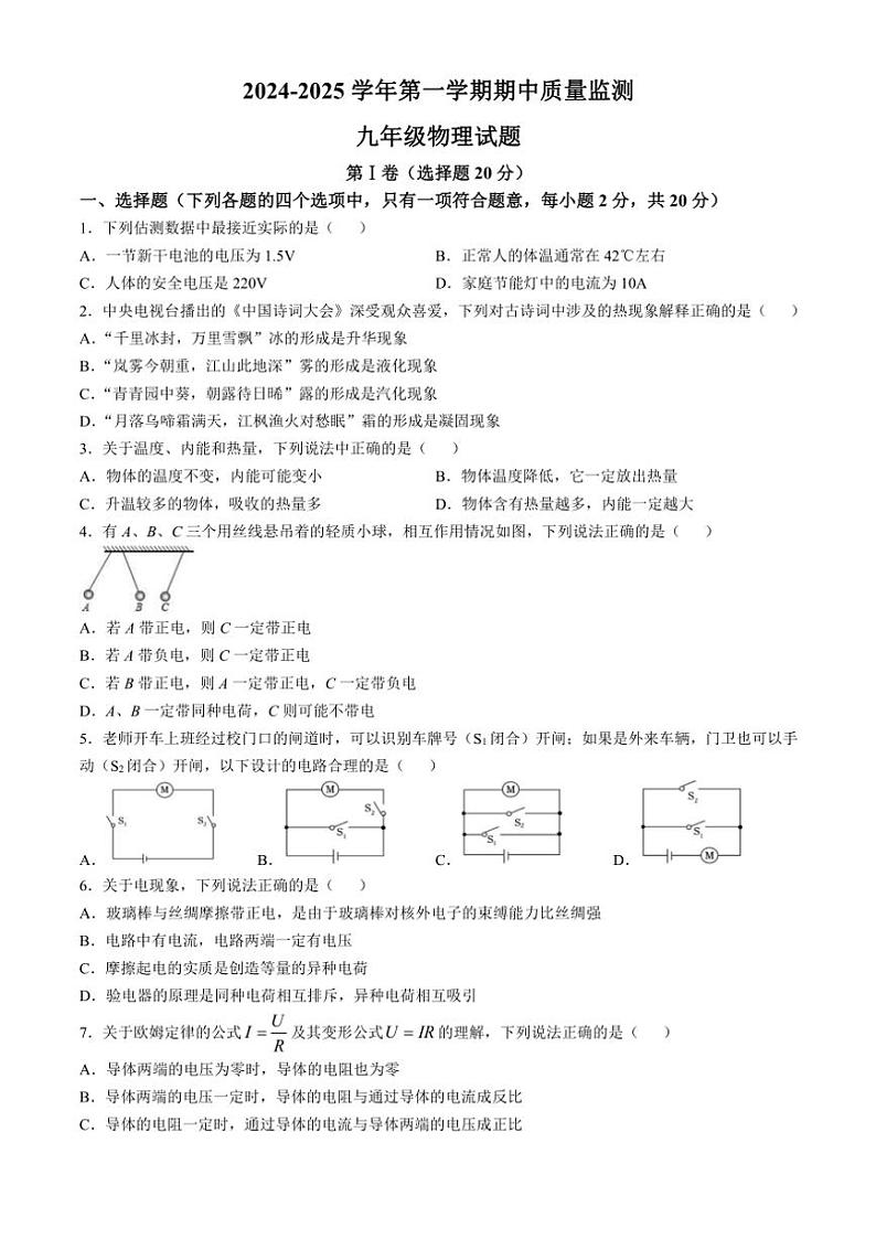 2024～2025学年山东省济宁市泗水县九年级(上)期中物理试卷(含答案)第1页