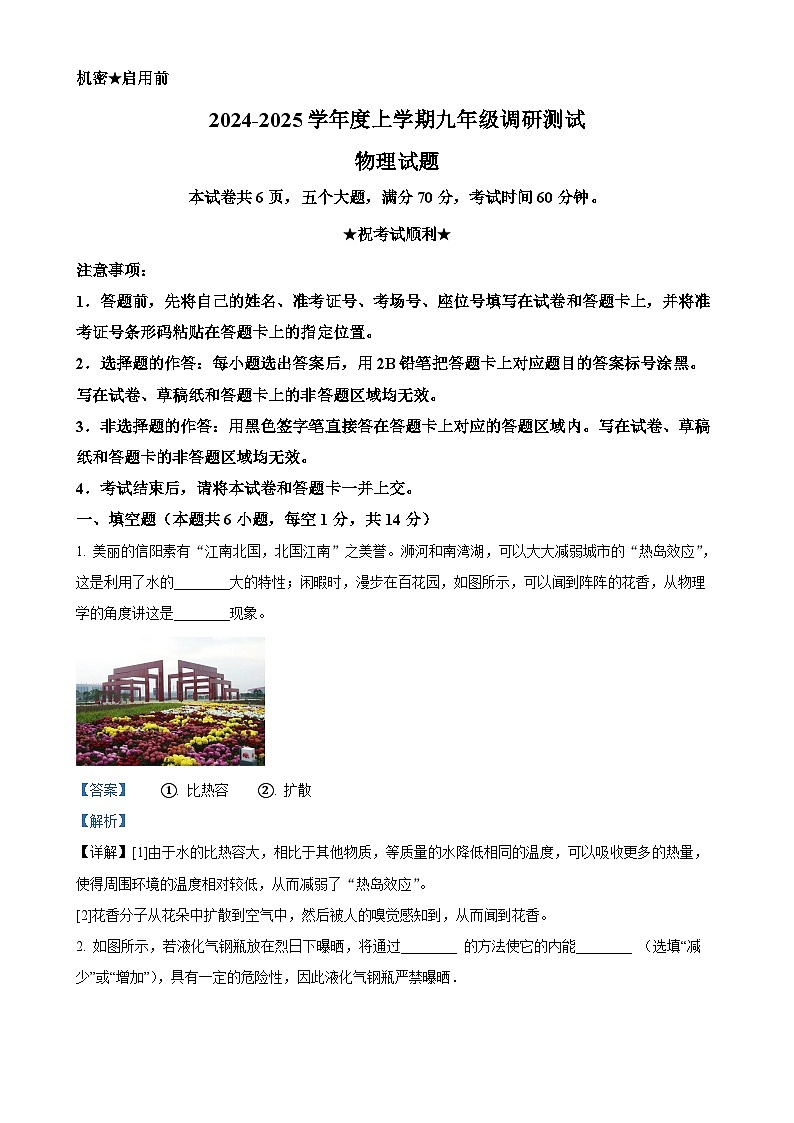河南省信阳市平桥区2024-2025学年九年级上学期10月月考物理试题（解析版）-A4第1页