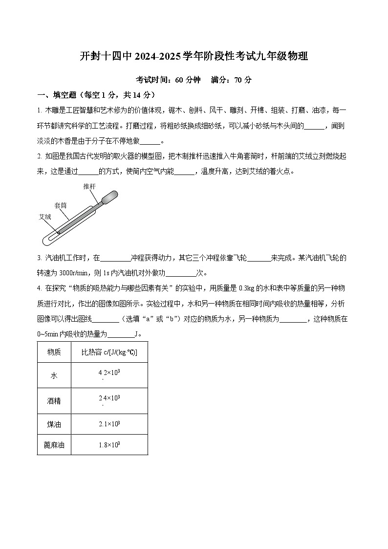 河南省开封市第十四中学2024-2025学年九年级上学期9月月考物理试题（原卷版）-A4第1页