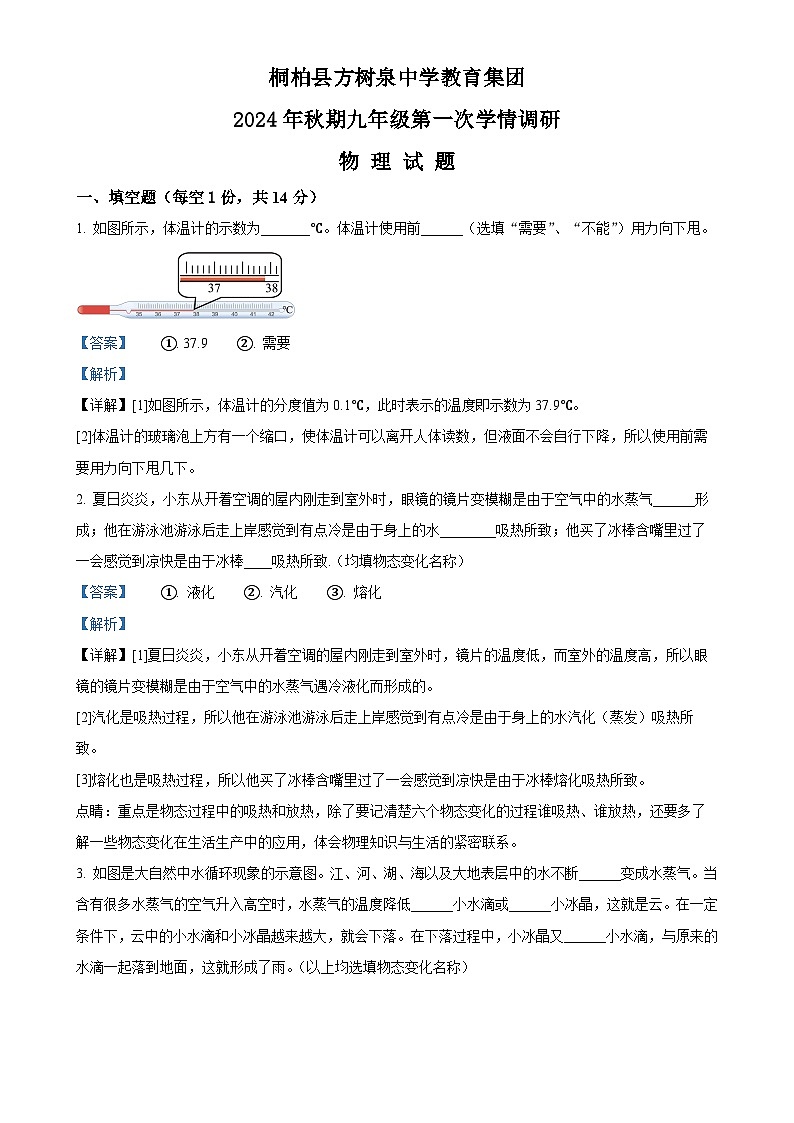 河南省南阳市桐柏县方树泉教育集团2024-2025学年九年级上学期9月月考物理试题（解析版）-A4第1页