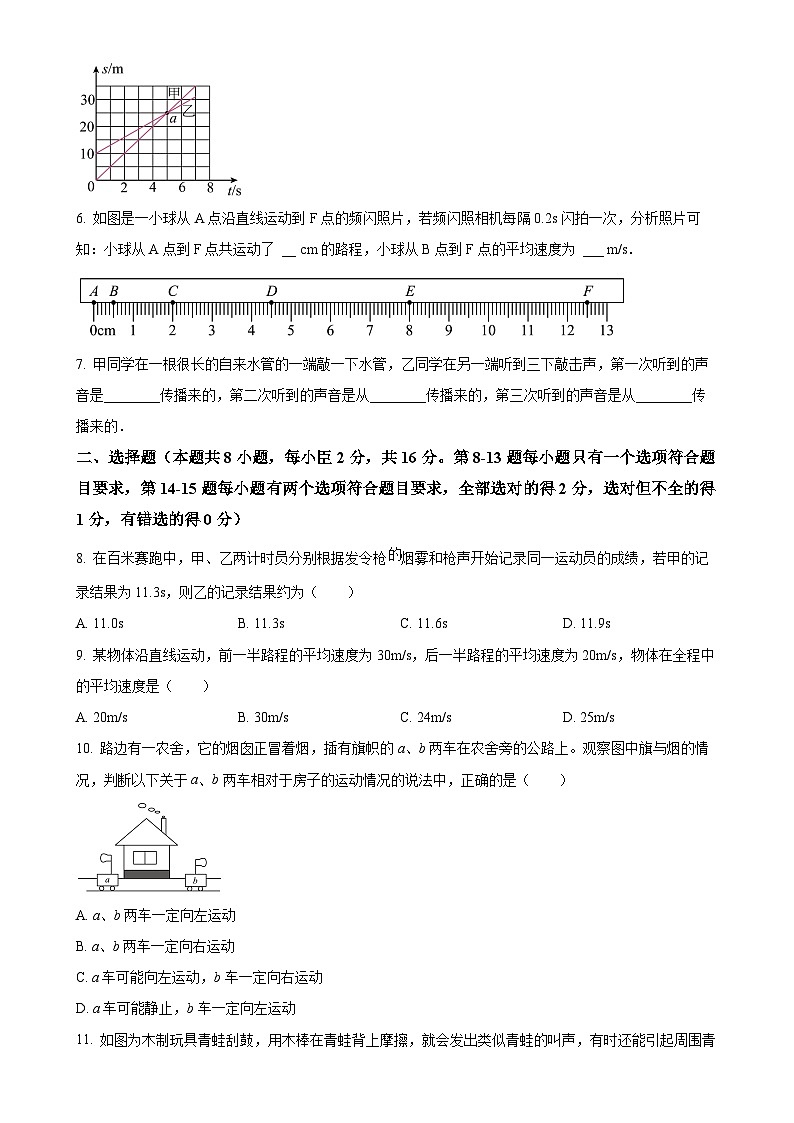 河南省漯河市郾城区第二初级实验中学2024-2025学年八年级上学期10月月考物理试题（原卷版）-A4第2页