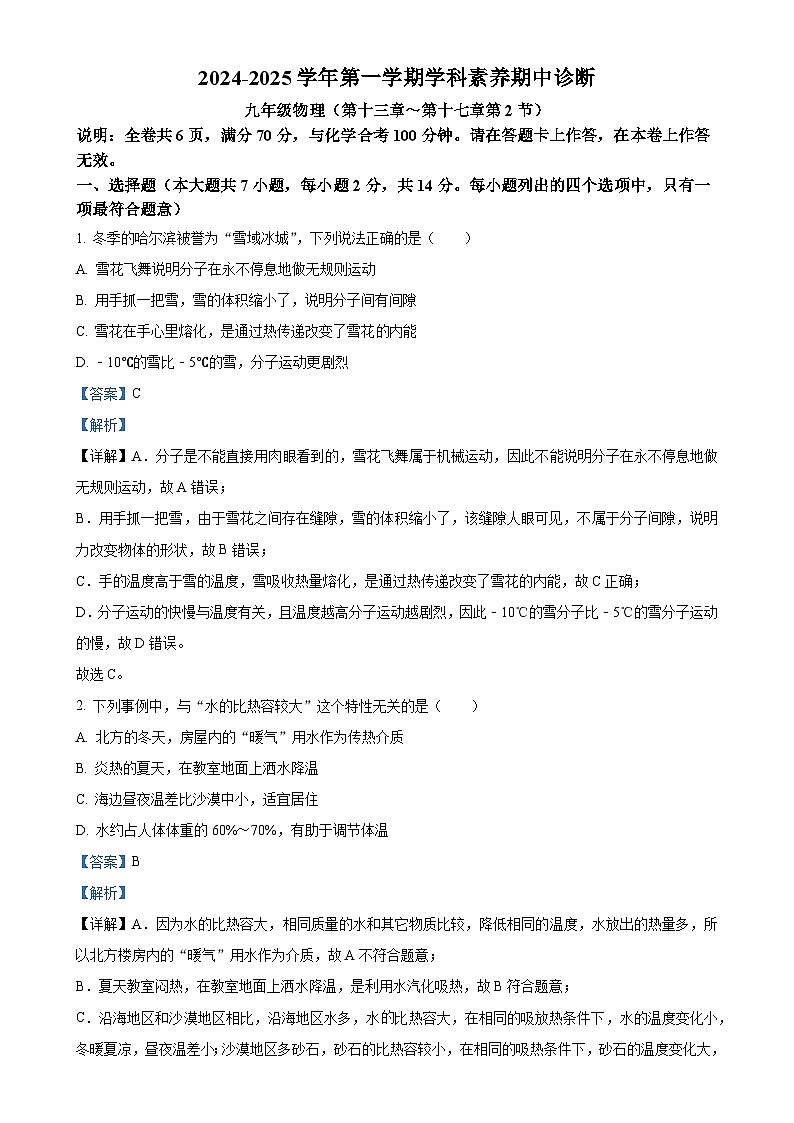 广东省深圳市龙岗区2024-2025学年九年级上学期中考试物理试题（解析版）-A4第1页