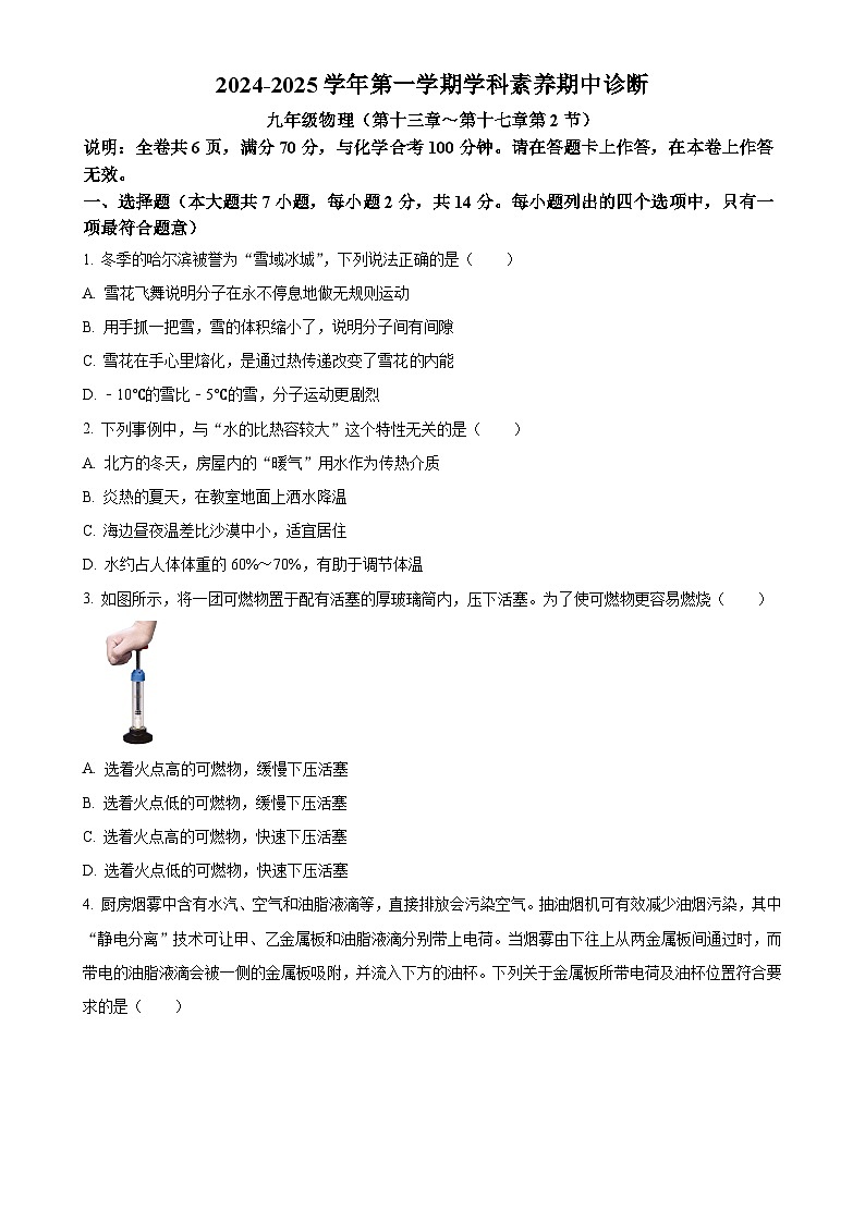 广东省深圳市龙岗区2024-2025学年九年级上学期中考试物理试题（原卷版）-A4第1页