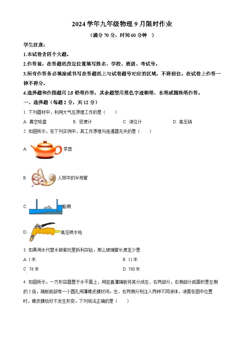 上海市闵行区莘松中学2024-2025学年九年级上学期9月月考物理试卷（原卷版）-A4第1页