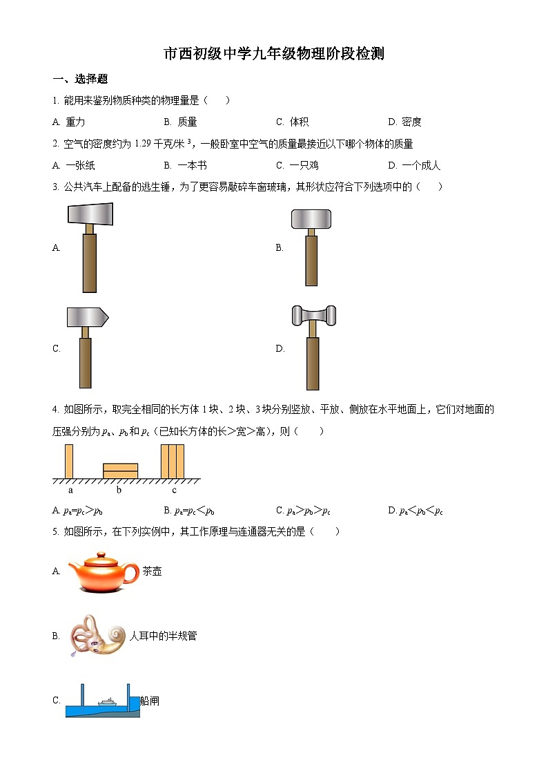 上海市市西初级中学2024-2025学年九年级上学期9月月考物理试题（原卷版）-A4第1页