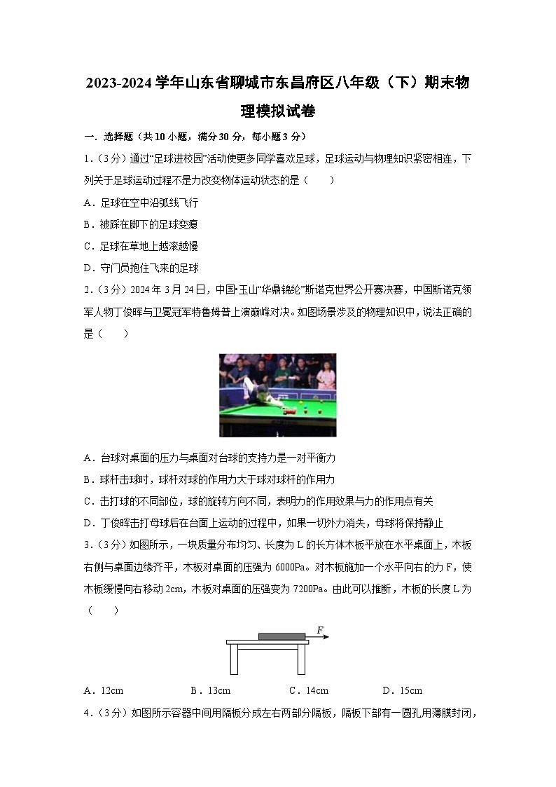 2023-2024学年山东省聊城市东昌府区八年级下学期期末物理模拟物理试卷第1页