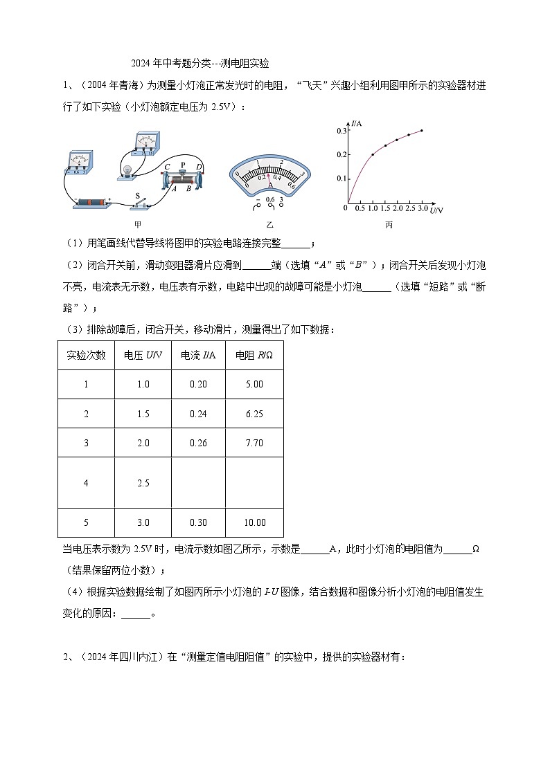 2024年中考物理分类汇编---测电阻实验 第1页