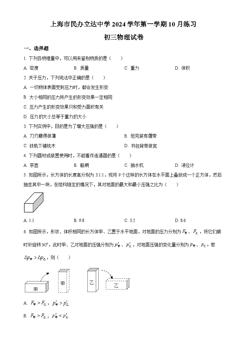 上海市民办立达中学2024-2025学年九年级上学期10月月考物理试题（原卷版）-A4第1页