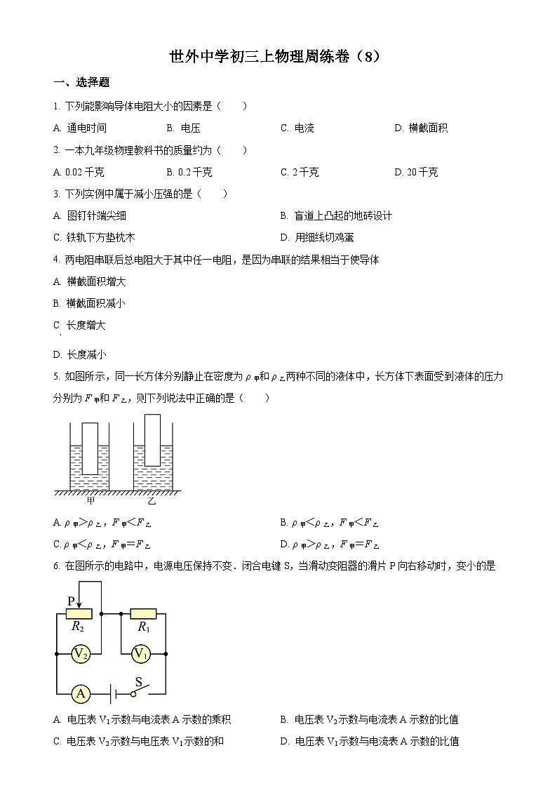上海市世外中学2023-2024学年九年级上学期月考物理试题（原卷版）-A4第1页