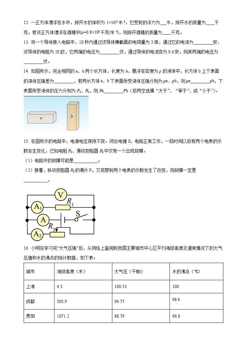 上海市世外中学2023-2024学年九年级上学期月考物理试题（原卷版）-A4第3页