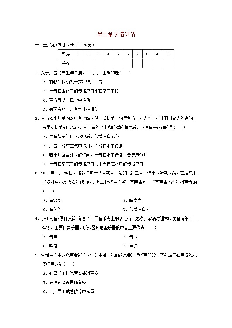 福建省2024八年级物理上册第二章声的世界学情评估（附答案沪科版）第1页