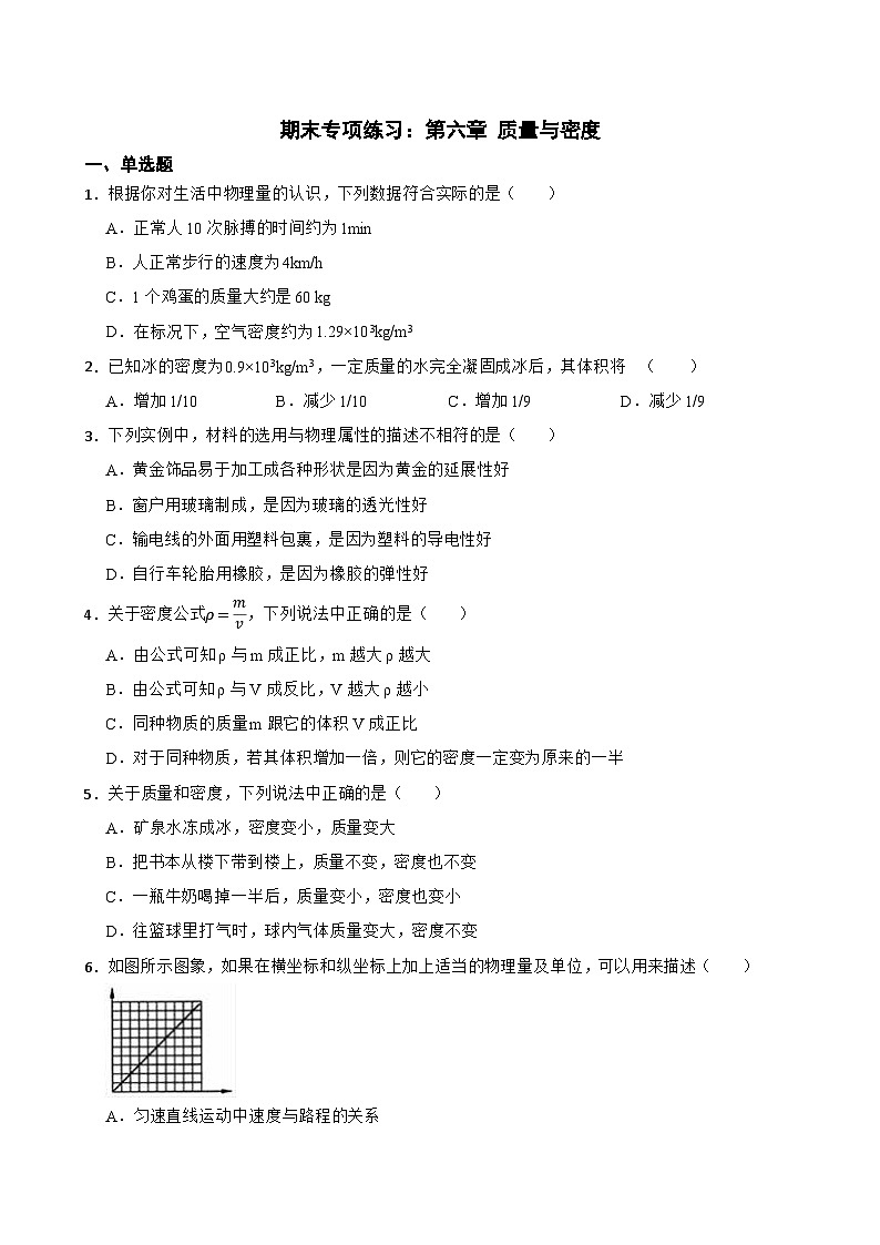 期末专项练习：第六章质量与密度-单元练习试卷2024-2025学年人教版物理八年级上册含答案第1页