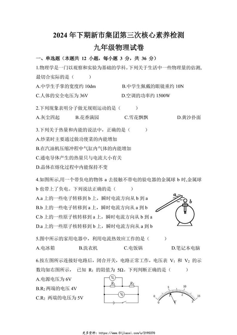 2024～2025学年湖南省岳阳市汨罗市新市教育集团九年级(上)第三次核心素养监测月考物理试卷(含答案)第1页