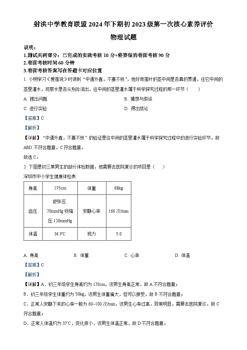 四川省遂宁市射洪中学校2024-2025学年八年级上学期10月月考物理试题（解析版）-A4第1页