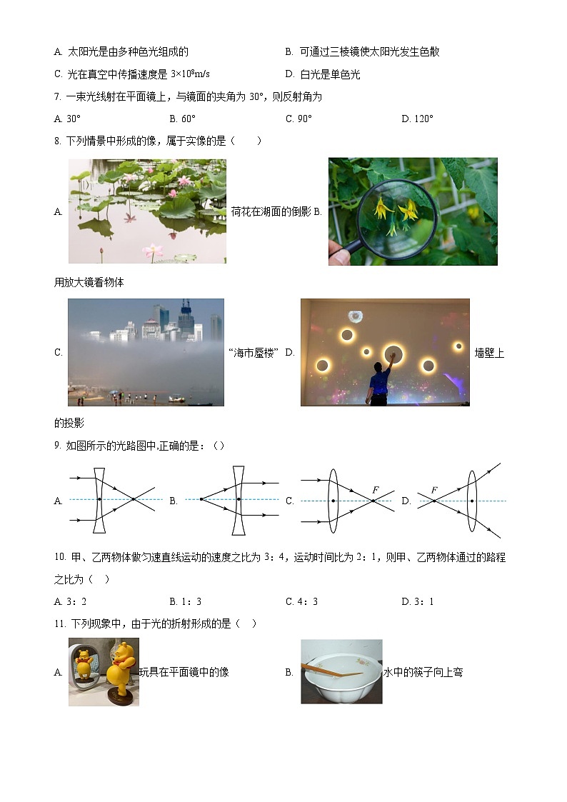 山东省齐河县表白寺镇中学2023-2024学年八年级上学期第二次月考物理试题（原卷版）-A4第2页