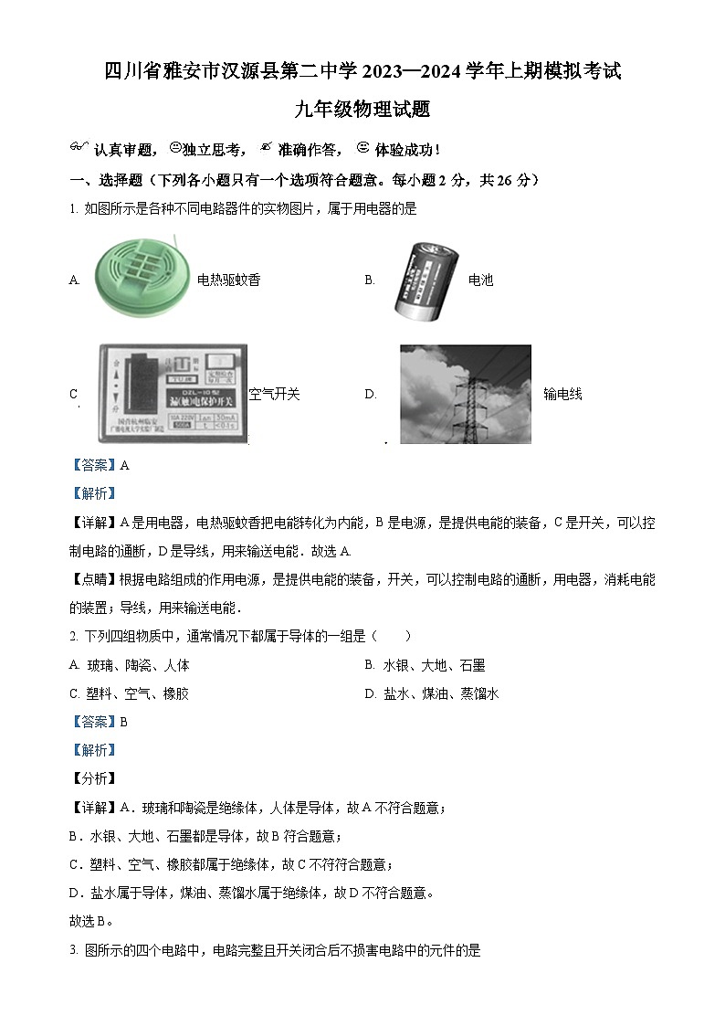 四川省雅安市汉源县第二中学2023—2024学年九年级上学期第二次月考物理试题（解析版）-A4第1页