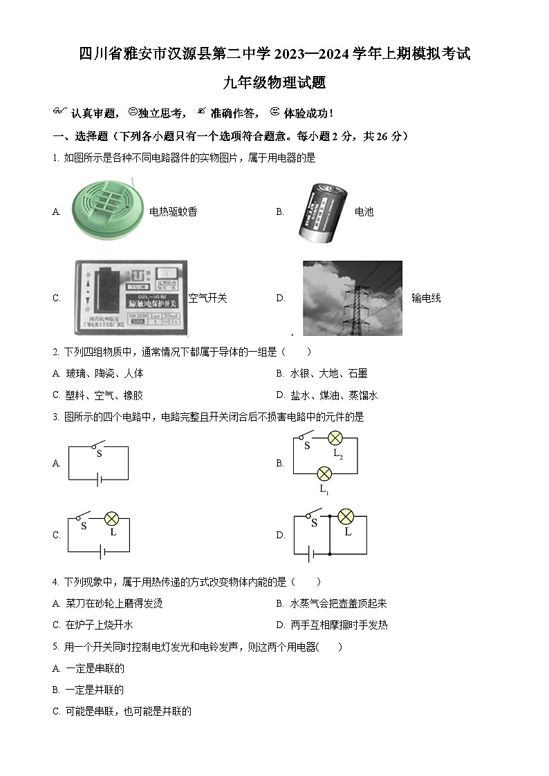 四川省雅安市汉源县第二中学2023—2024学年九年级上学期第二次月考物理试题（原卷版）-A4第1页