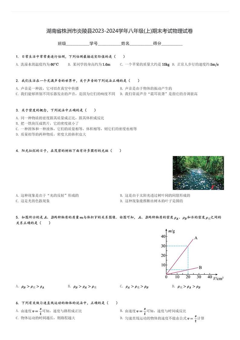 湖南省株洲市炎陵县2023-2024学年八年级(上)期末考试物理试卷(含解析)第1页