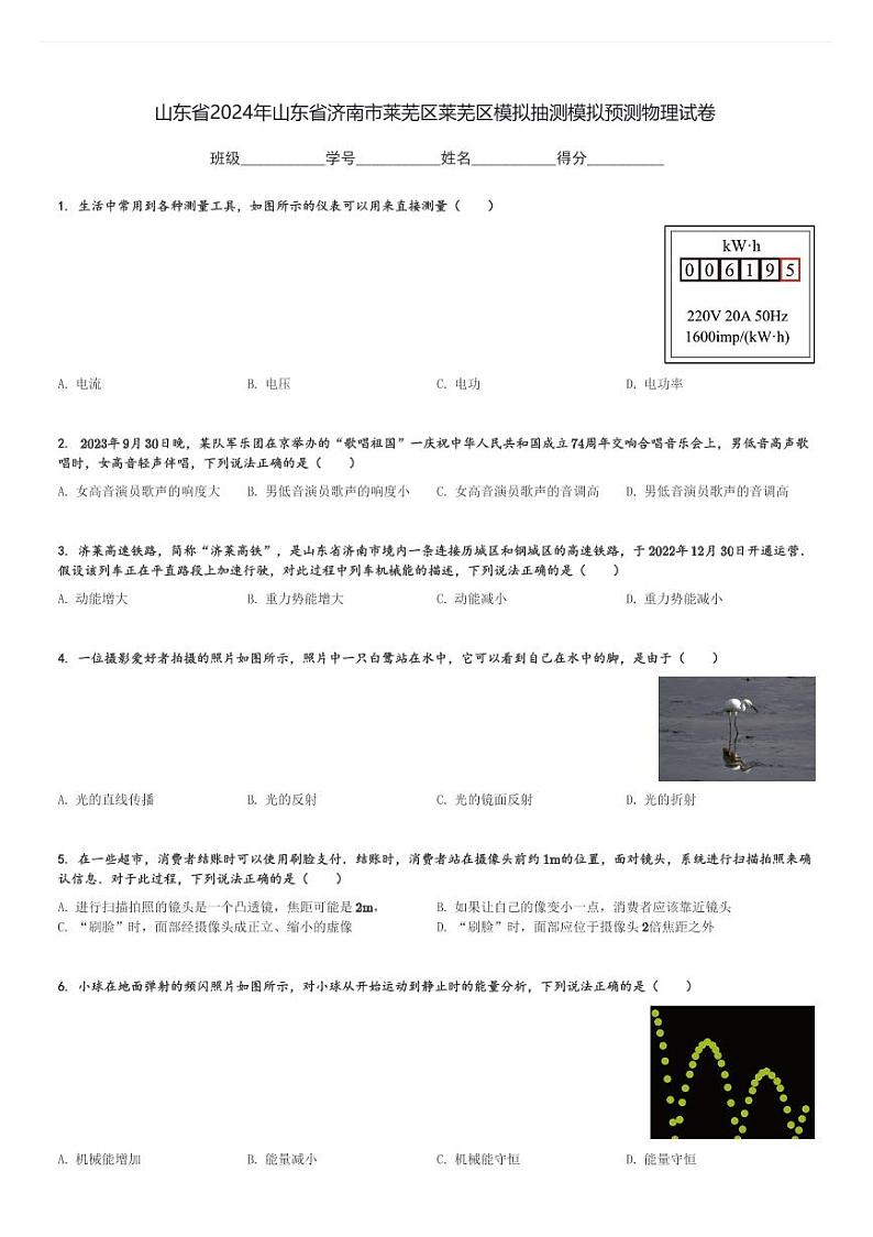 山东省2024年山东省济南市莱芜区莱芜区模拟抽测中考模拟预测物理试卷(含解析)第1页
