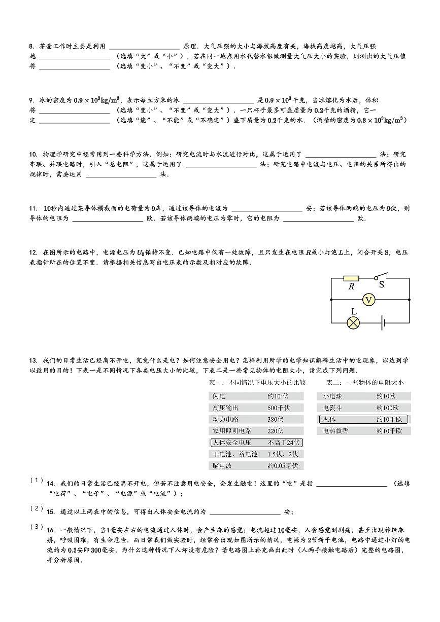 上海2024年上海市崇明区中考一模物理试卷(含解析)第2页