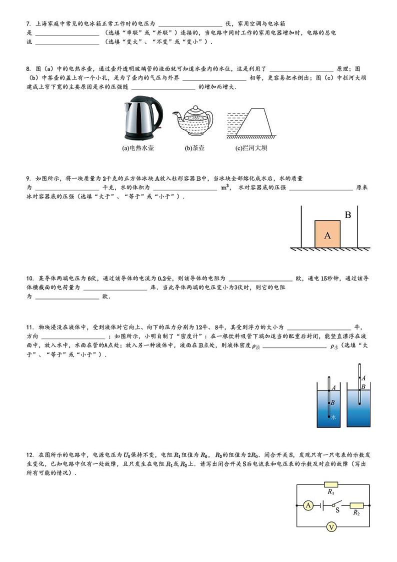 上海2024年上海市奉贤区中考一模物理试卷(含解析)第2页