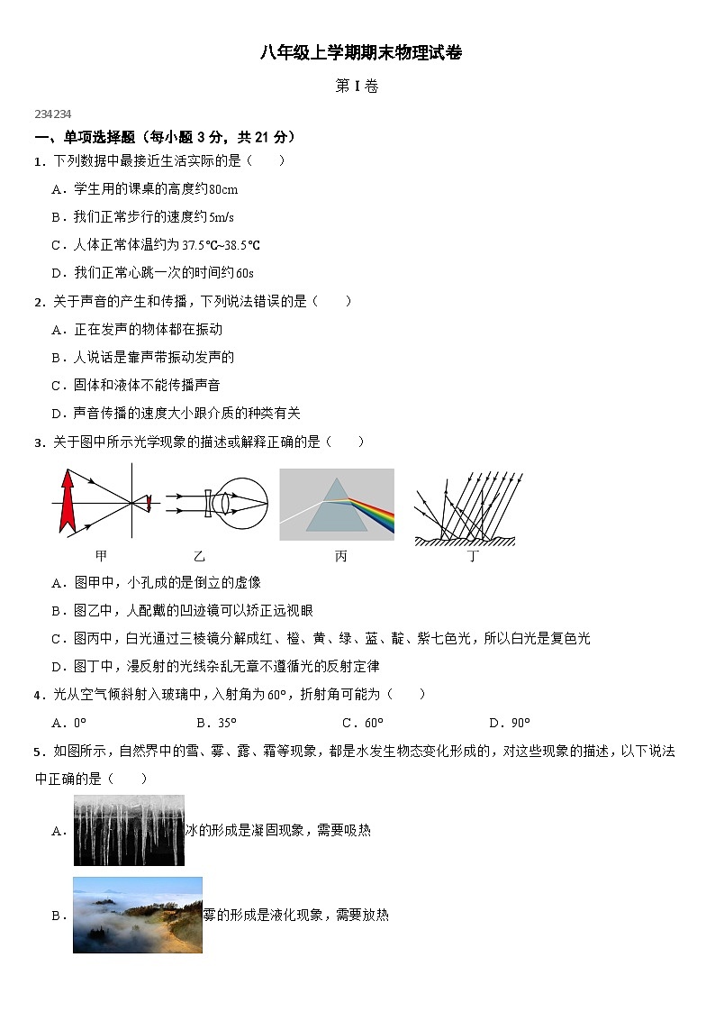广东省肇庆市端州区2024年八年级上学期期末物理试卷【含参考答案】第1页