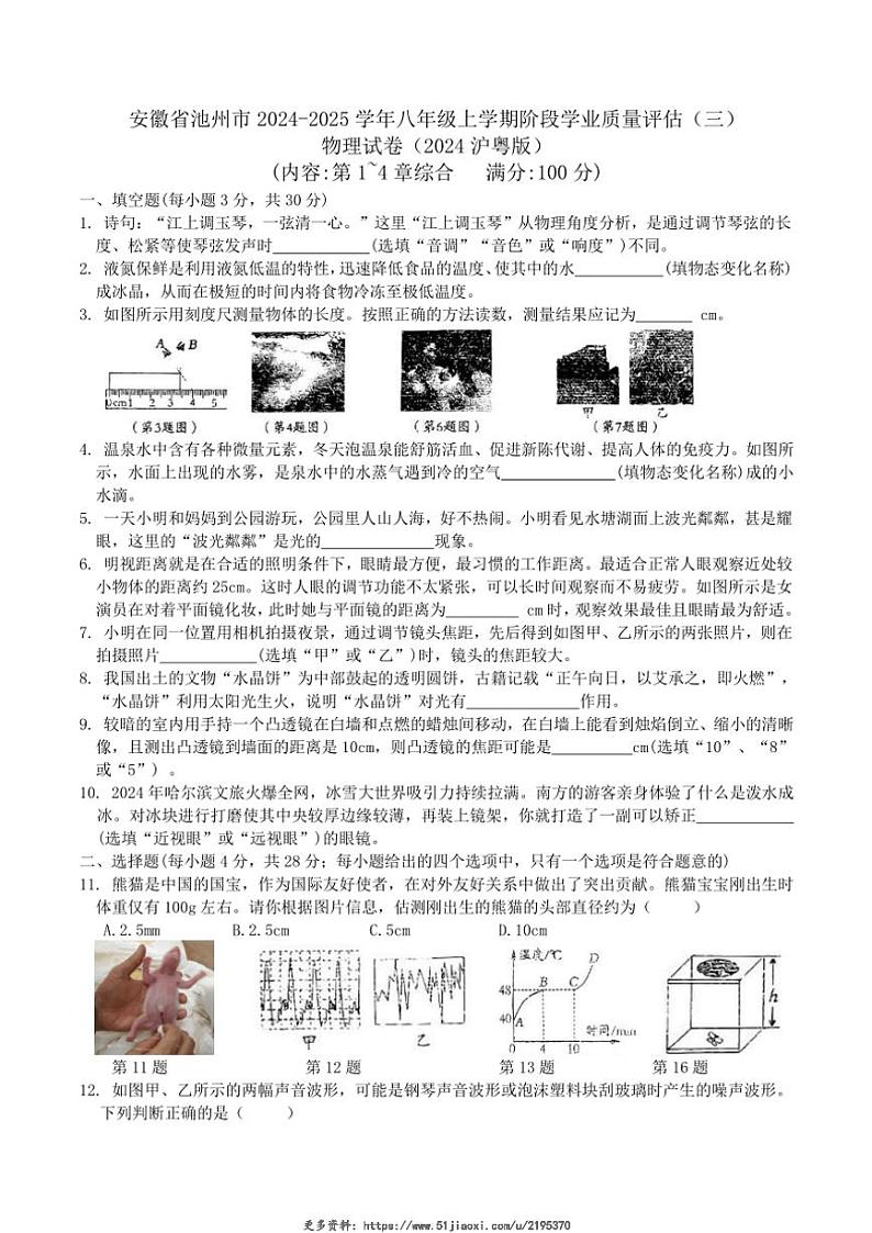 2024～2025学年安徽省池州市八年级(上)阶段学业质量评估(三)物理试卷(含答案)第1页