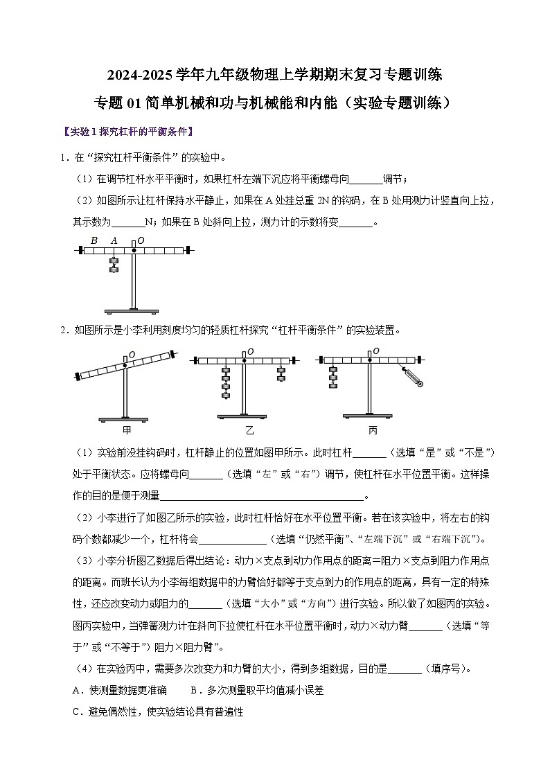 专题01简单机械和功与机械能和内能（实验专题训练）-2024-2025学年九年级物理上学期期末复习专题训练（苏科版）第1页