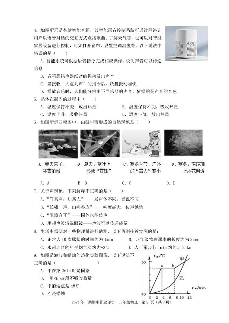2024～2025学年湖南省永州市宁远县八年级(上)期中作业评价物理试卷(含答案)第2页