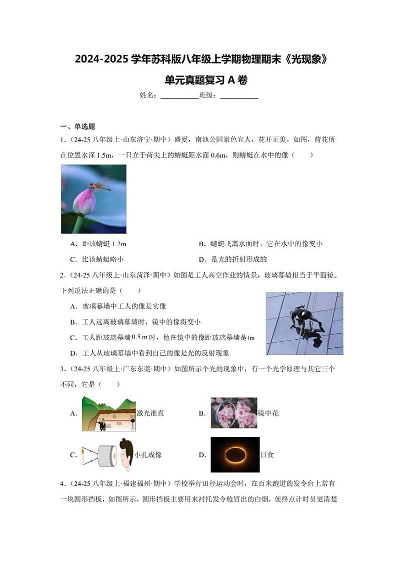 2024-2025学年苏科版八年级上学期物理期末《光现象》单元真题复习A卷（附答案）第1页